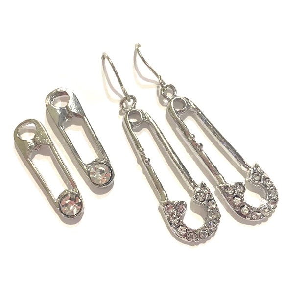 Safety Pin Earrings 2 Pairs Silver Tone Clear Rhinestones - Picture 1 of 6